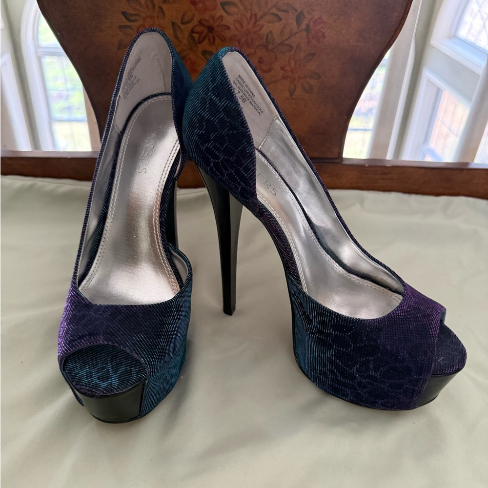 Bakers Women's Peep Toe Platform Pumps in Teal and Purple